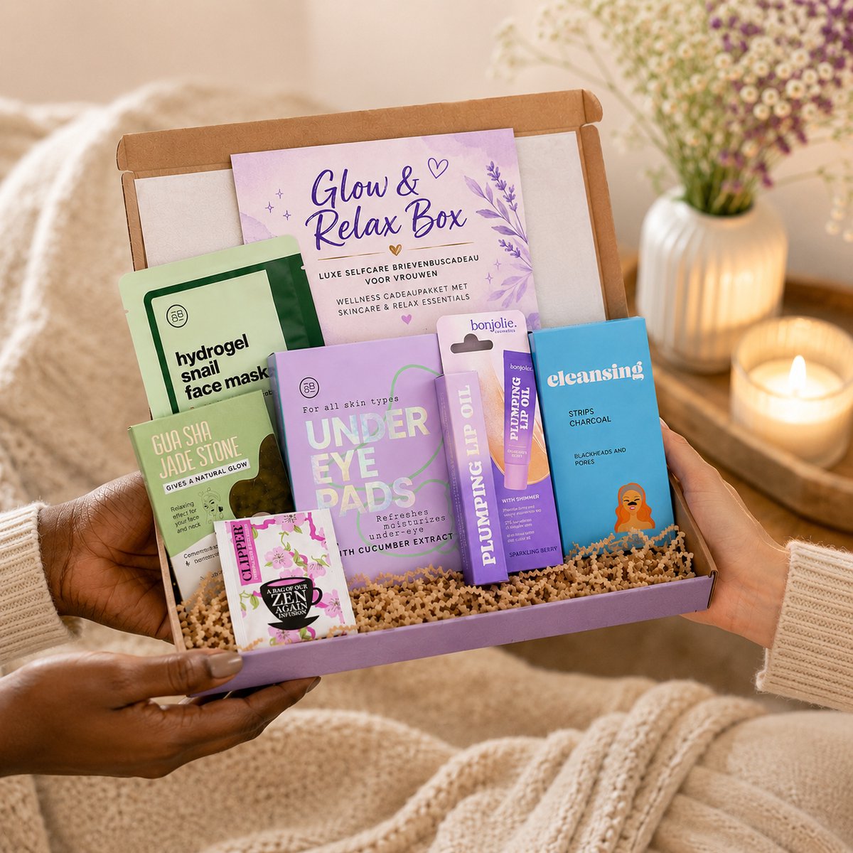 Glow & Relax Box - Luxe Selfcare Brievenbuscadeau voor Haar, Wellness Cadeaupakket met Verzorging & Relax Essentials